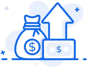 Icon featuring a money bag and an upward arrow on a banknote, representing financial growth and increased earnings. The simple blue and white color scheme emphasizes the theme of exploring innovative ways to increase sales and enhance customer experience.