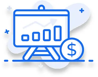 Simplified blue and white illustration of an easel with a chart and a dollar sign, symbolizing financial analysis and profitability. Intended to visualize the concept of gaining insights into managing finances to boost profitability.